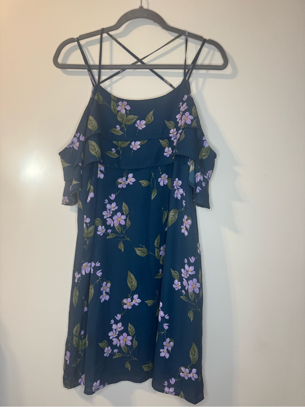 Mi Ami Women’s M Floral Ruffle Dress Navy Lavender Spaghetti Strap